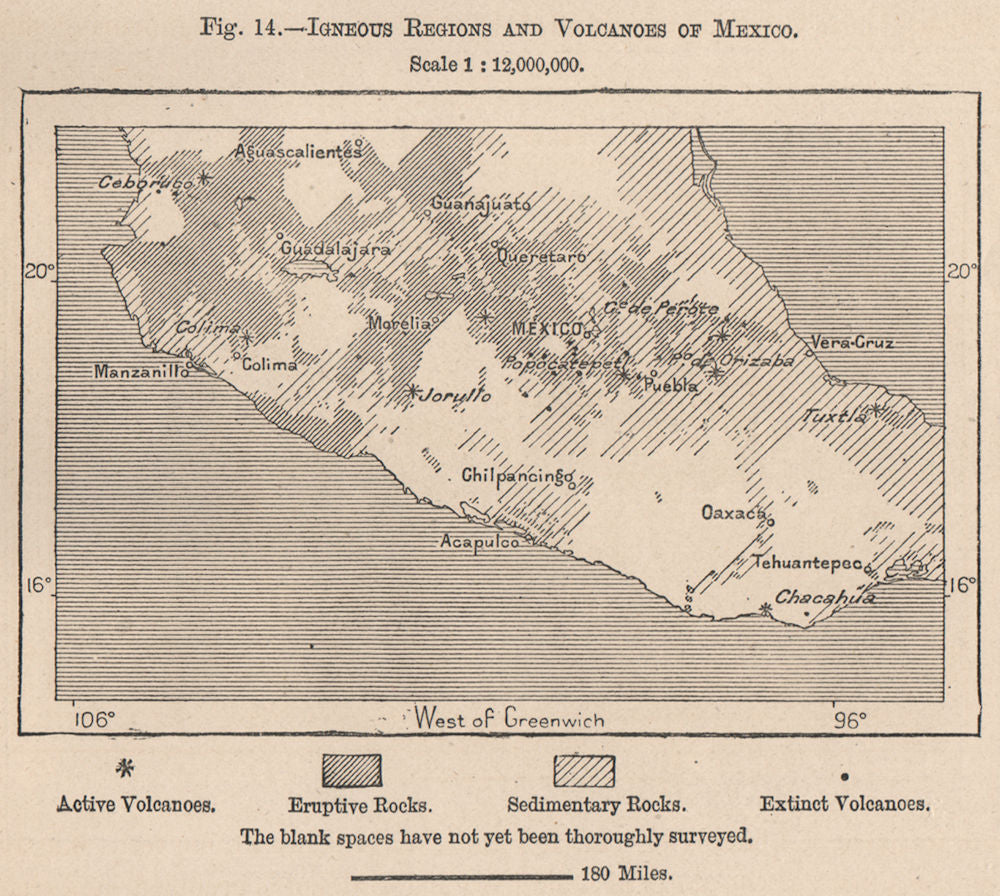 Igneous regions and Volcanoes of Mexico 1885 old antique map plan chart